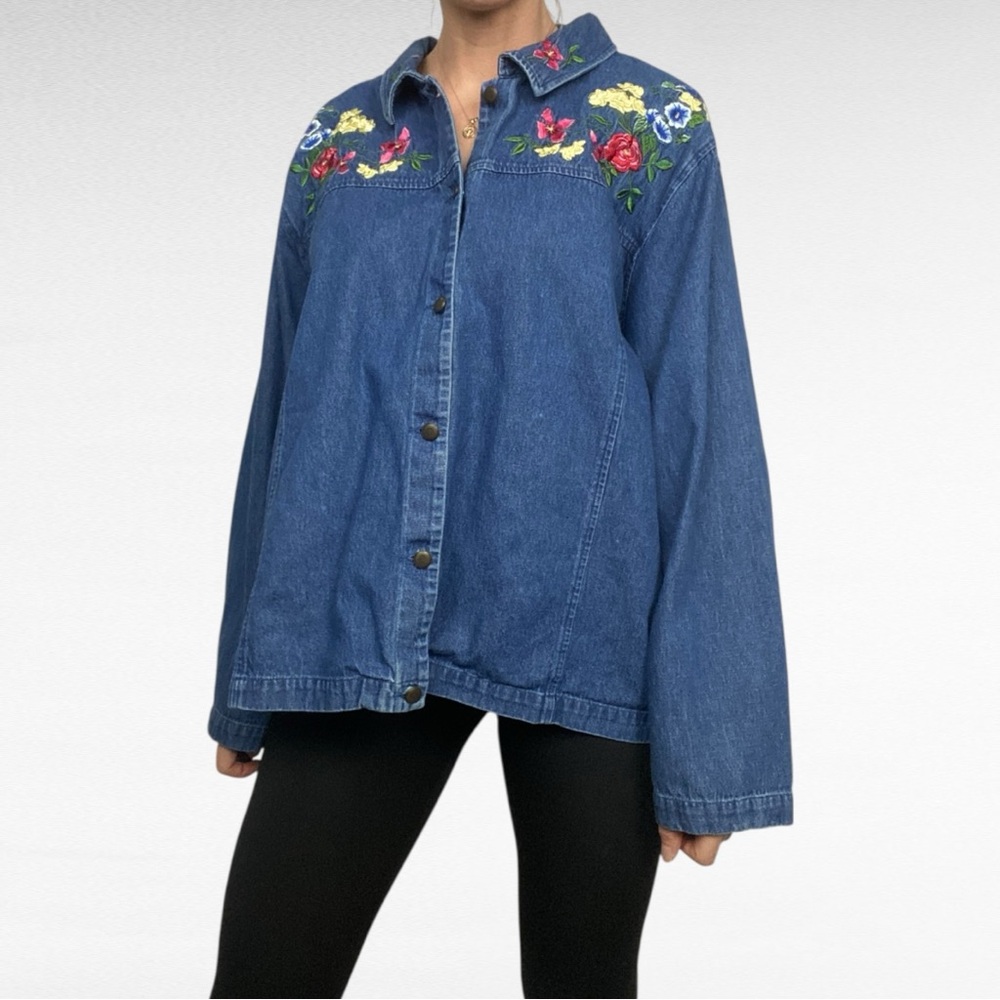 Vintage Style Blue Embroidered Floral Western Boho Denim Relaxed Shirt Jacket